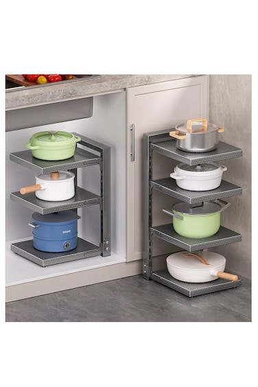 Pot Storage Rack, Kitchen Countertop Floor-Standing Storage Rack, Multi-Functional Cookware Storage Rack, Multi-Layer Sink Cabinet Shelving Unit, Adjustable Multi-Layer Storage Rack, Black