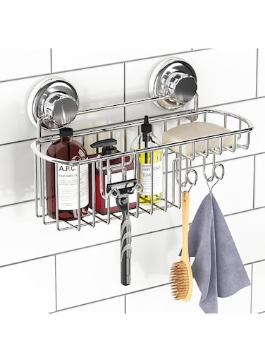 HASKO accessories - Powerful Vacuum Suction Cup Shower Caddy Basket for Shampoo - Combo Organizer Basket with Soap Holder and Hooks - Stainless Steel Holder for Bathroom Storage (Chrome)