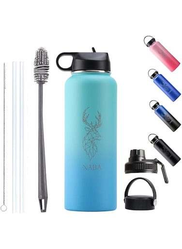 NABA Stainless Steel Water Bottle1.2 Litre With a Wide Mouth -Double Wall Vacuum Flask -Coldest Gym Bottles,Sports, Camping - 3 Lids,2 Straws (Teal, 40 oz)
