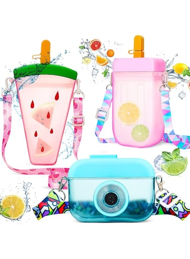 3 Pieces Cute Water Bottles with Straws Creative Kawaii Camera Shaped Ice Cream Bar Watermelon Adjustable Strap Plastic Water Bottle for Travel School Sport Kids (Fresh Style, Red, Pink, Blue)