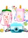 3 Pieces Cute Water Bottles with Straws Creative Kawaii Camera Shaped Ice Cream Bar Watermelon Adjustable Strap Plastic Water Bottle for Travel School Sport Kids (Fresh Style, Red, Pink, Blue)