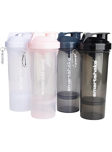 Smartshake Slim 4-Pack Protein Shaker Bottle 400 ml   13.5 oz &ndash; Storage Included - Leakproof Screw-on Lid - BPA Free &ndash; Unisex - (Black, White, Stormy Gray, Cotton pink)