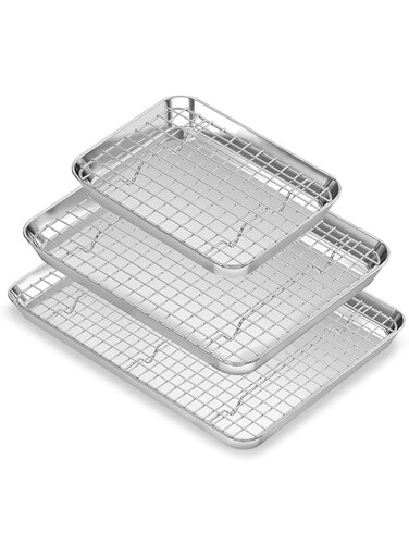 ALMEKAQUZ Baking Sheet with Cooling Rack Set, 3 Premium Stainless Steel Cookie Sheets and 3 Wire Racks, Kitchen Nonstick Baking Pans Set, Includes 3 Different Sizes, Heavy Duty Non Toxic, Easy to Clea