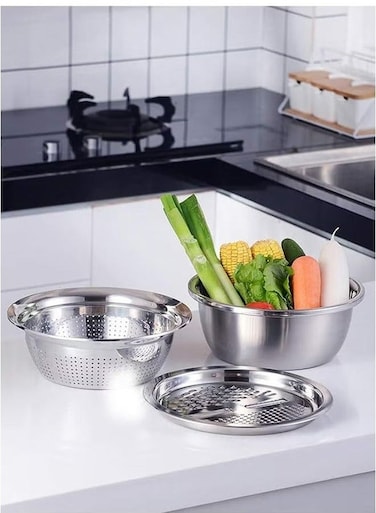 3-Piece Stainless Steel Multifunctional Grater Set Scouring Rice Sieve Grater Kitchen Drain Sink