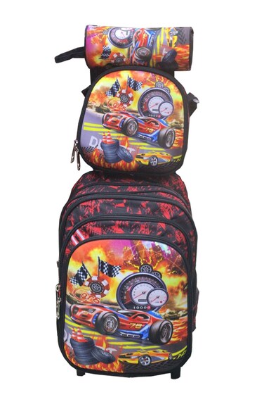 Cartoon Printed Kids School Trolley Backpack Set, 3 Pieces, 16.5 Inch Rolling Bag Lunch Box Pencil Case.Black Red Racing Car Printed