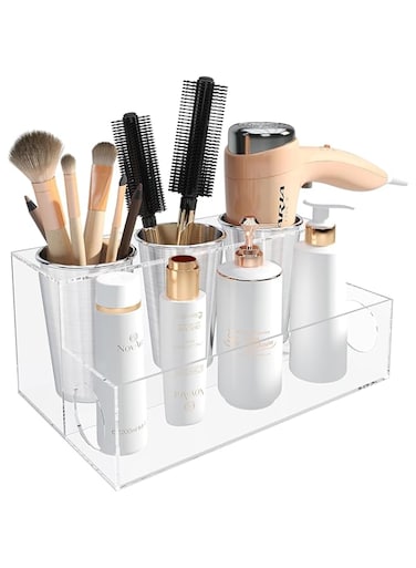 Lomeshow Hair Tool Organizer, Acrylic Hair Dryer Holder with 3 Cups, Bathroom Supplies Countertop Blow Dryer Holder, Vanity Caddy Storage Stand for Accessories, Makeup, Toiletries (Transparent)