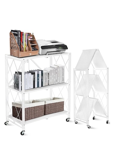 3-Tier Foldable Storage Kitchen Rack, Multi-Function Standing Kitchen Cabinet with Wheels, Folding Shelf and Organisers
