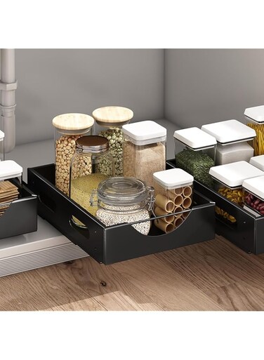 SJTOEB Pull out cabinet organizer, Pull out drawers for cabinets with adhesive film, Cabinet drawers slide out smoothly for kitchen bathroom pantry-sturdy-durable (Black)