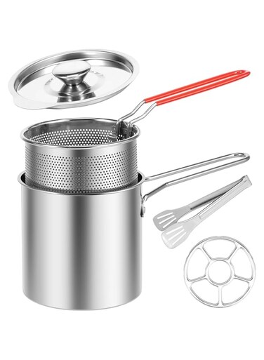 Rayyan Small Deep Fryer Pot with Basket and Lid, 304 Stainless Steel Frying Pot,Japanese Tempura Deep Fryer Pot for Frying Fish Shrimp Chicken and Fries (5-piece set)