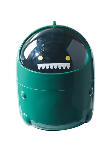 Rubik Mini Desk Trash Can With Clear Lid, Cartoon Dinosaur Small Desktop Storage Basket Bin For Office Bathroom Vanity Table Kitchen Countertop,19X15Cm, Green
