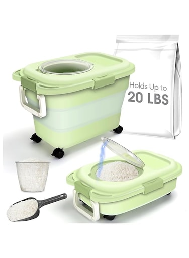 ANTOLE Rice Storage Container,Collapsible Dog Food Container with Transparent Airtight Lid,Multifunctional Pet Food Storage Container for Dog Cat,Rice,Flour,Pet Food Scoop and Dog Bowl