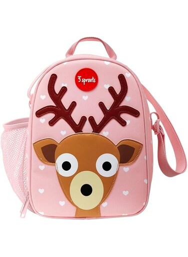 3 Sprouts Insulated Lunch Bag for Kids - Reusable Tote with Shoulder Strap, Handle and Pockets, Deer/Brown/Pink