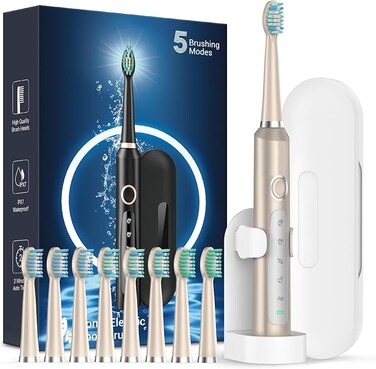 Rtauys M5 Sonic Electric Toothbrush for Adults and Kids - Rechargeable Electric Toothbrush Kids Ages 12+ and Adults with 8 Brush Heads &amp; Travel Case, 120 Days Battery Life - Champagne Gold
