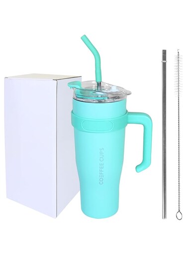 E-store Stainless Steel Insulated Travel Mug with Straw Lid &amp; Handle, Leak-Proof 2-in-1 Cup for Hot &amp; Cold Drinks, Double-Wall Thermos Water Bottle for Coffee, Cup Holder Friendly (Blue)
