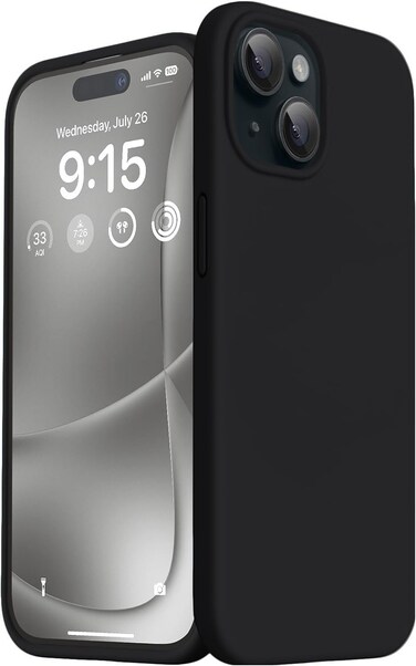 Muzz IPhone 15 Plus Case 6.7 Inch, Slim Liquid Silicone 3 Layers Full Covered Soft Gel Rubber Phone Case Protective Cover, Black (iPhone 15 Plus)