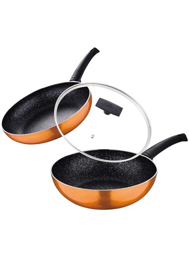 Bergner Ultra 3Pcs Cookware Set, Frypan 28Cm + Wok With Lid 26Cm Cooking Set, Pressed Aluminium Cookware, Induction Bottom Cooking Pots, Suitable for All Stoves, Orange Colour, Bg31312OR
