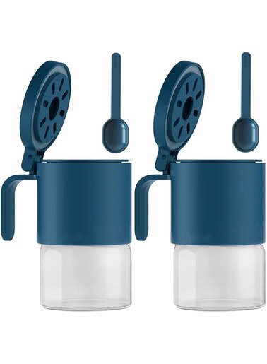 SYOSI Glass Spice Jars Moisture-Proof Spice Containers with Spoons, Set of 2 10oz/300ml Spice Bottles, Mini Seasoning Storage Jars with Flapper Caps for Salt, Sugar, Peppers, Chili in Kitchen Blue