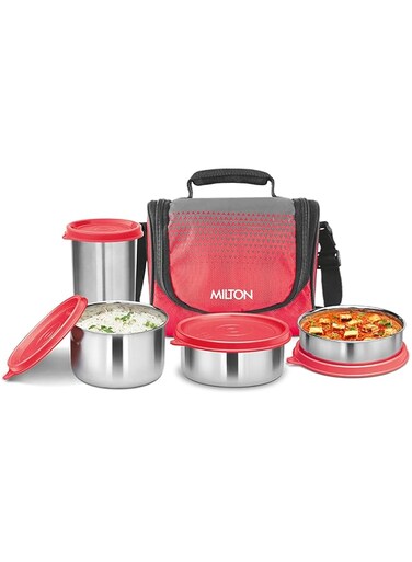 MILTON Tasty 3 Stainless Steel Combo Lunch Box, 3 Containers (200 ml, 320 ml, 500 ml) and 1 Tumbler, 380 ml, Red   Leak Proof   Easy to Carry   Odour Proof   Food Grade   Easy to Clean