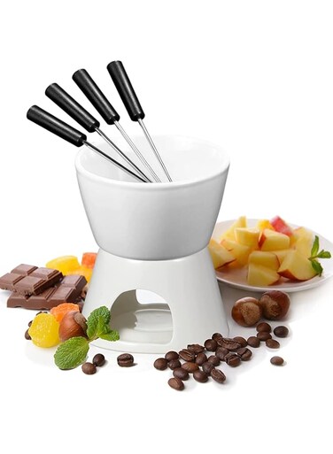 Funito Fondue Set with 4 Forks, Premium Tea Light Porcelain Melting Pot for Cheese, Chocolate and Tapas
