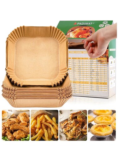 Bella The Brand 50 Pcs   Air Fryer Disposable Paper Liner, Air Fryer Liners Square, Baking Paper for Air Fryer, Water-proof Oil proof Non-Stick Parchment Paper Plates for Baking Roasting Microwave   16cm