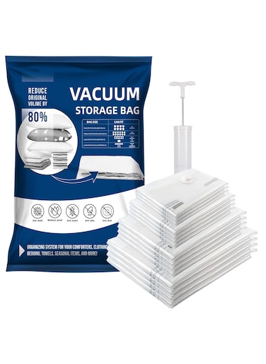 Vacuum Storage Bags, Pack of 15, (4 Jumbo 4 Large 4 Medium 3 Small) with Free Hand Pump, Reusable Space Saver Compression Bags for Clothes Bedding Duvets Blankets and Travel