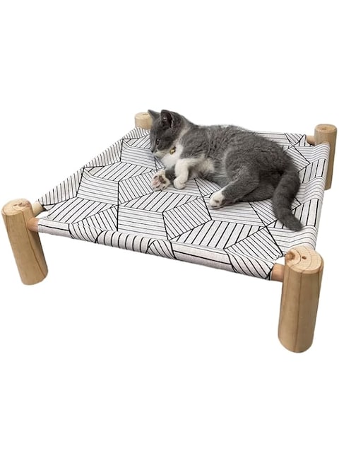 Generic Cat Hammock Bed, Wooden Cat Elevated Cooling Bed, Removable Washable Breathable Pet Sleeping Bed, Detachable Portable Indoor/Outdoor, Easy to Assemble (White Diamond)
