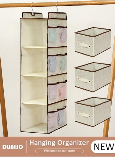 4-Tier Hanging Storage Organizer with 3 Drawers, Hanging Closet Shelf Organizer with Handle, Wardrobe Hanging Organizer, Fabric Hanging Shelf Storage Organizer, Hanging Closet Organizer