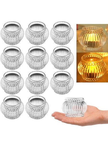 MAKINGTEC Tealight Candle Holder Set of 12, Clear Glass Tealight Candle Holders for Wedding Party, Tea Light Candles Holder Bulk for Centerpiece Thanksgiving Christmas Party (Clear Tealight B)