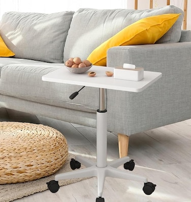 Head Side Movable Lifting Small Table &ndash; Hydraulic Standing Desk with Pulley, Adjustable Laptop &amp; Sofa Bed Table" White