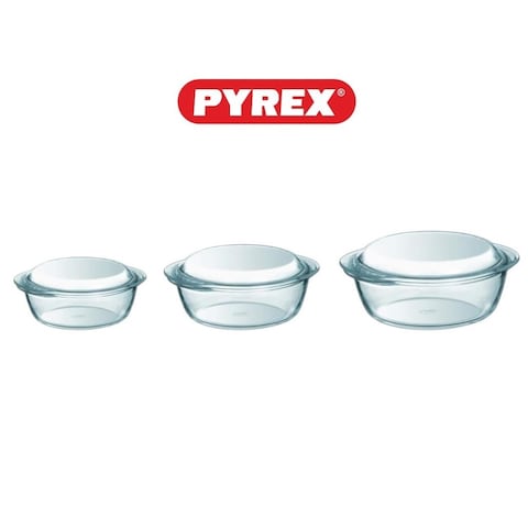 Pyrex Essential Round Casserole Set Of 3 ( 3L+2.1L+1.4L)  - Durable Borosilicate Glass for Versatile Cooking and Serving