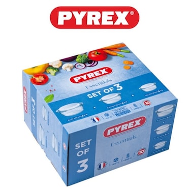 Pyrex Essential Round Casserole Set Of 3 ( 3L+2.1L+1.4L)  - Durable Borosilicate Glass for Versatile Cooking and Serving