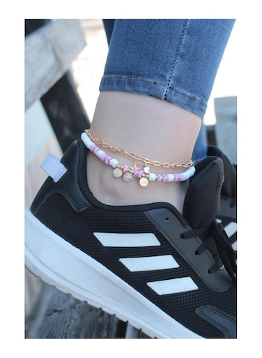 Gold Color Steel Anklet With White and Pink Beads