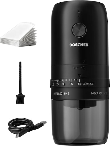 DOSCHER Portable V60 Burr Coffee Grinder with 40 Adjustable Settings &amp; 25g Capacity, 1800mAh Rechargeable Coffee Bean Grinder with Conical Ceramic Burr, for Travel, Camping, Office, Espresso, etc