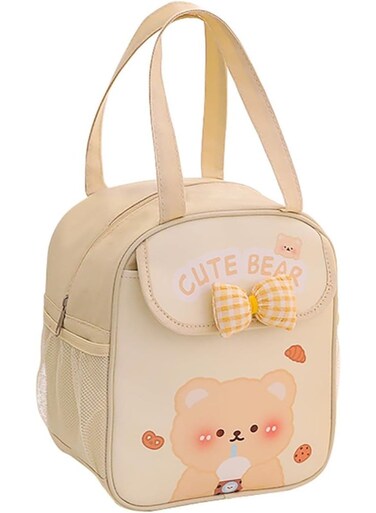 Lunch Bag with Bow, Beige, Unisex, Durable Reusable Tote Bag, Suitable for Carrying Lunch/Dinner to Office, Picnic, Travel, Park and Outdoors