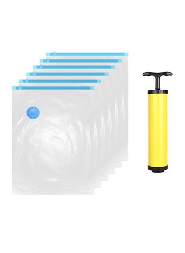 6-Piece Vacuum Storage Bag With Suction Pump Clear/Blue/Yellow 80x100cm