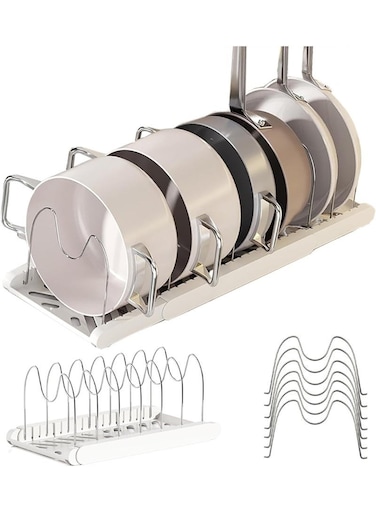 Pot Rack : Pots and Pans Organizer Under Cabinet 7 Adjustable Compartment Expandable Pot Lid Holder for Kitchen Cookware, Bakeware, Lid, Dishes, Cutting Boards,White