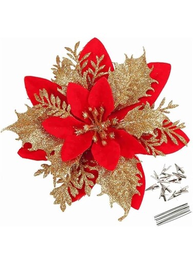 Tazweeq Artificial Poinsettia Flowers, Flower Decorations with Metal Clips, New Year Ornament, for Winter Xmas Tree, Wedding Party, Holiday, Wreath Garland D&eacute;cor (Red Gold), 12Pcs
