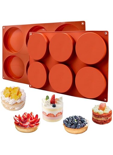 6-Cavity Baking Mold, Silicone Large Round Disc, Resin Coaster Mold, Food Grade Non-Stick Cake Mold, Mousse Pan, for French dessert, Candy, Handmade Soap Muffin, Cupcake, Ice Cube (red), 2 PCS