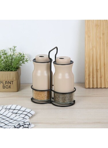 HOME Chef's Delight 2-Piece Spice Jar Set - 100ml Glass Condiment Jars for Kitchen Organization   Stylish Beige Spice Racks &amp; Jars   Ideal for Herbs &amp; Spices