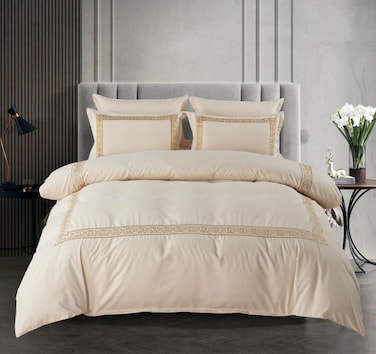 MMM HOME 6-Pieces Embroidered King Size Duvet Cover Set ,1 Duvet Cover + 1 Fitted Sheet + 4 Pillow Covers,Elegant Design