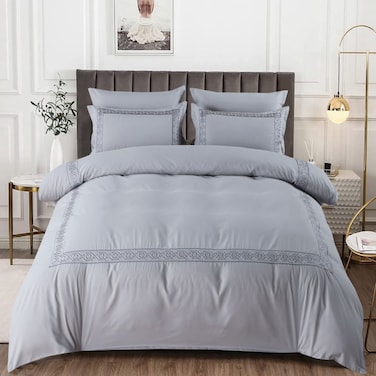 MMM HOME 6-Pieces Embroidered King Size Duvet Cover Set ,1 Duvet Cover + 1 Fitted Sheet + 4 Pillow Covers,Elegant Design