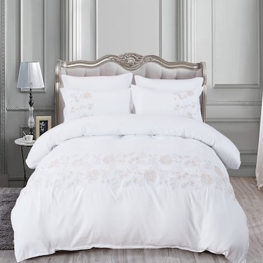 MMM HOME 6-Pieces Embroidered King Size Duvet Cover Set ,1 Duvet Cover + 1 Fitted Sheet + 4 Pillow Covers,Elegant Design