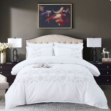 MMM HOME 6-Pieces Embroidered Super King Size Duvet Cover Set ,1 Duvet Cover + 1 Fitted Sheet + 4 Pillow Covers,Elegant Design