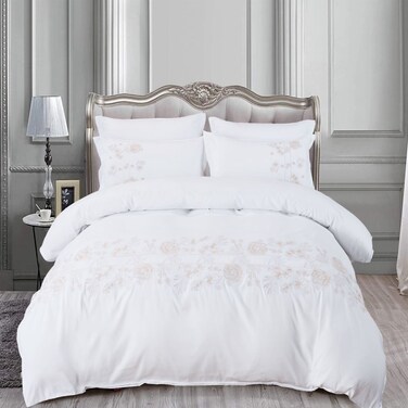 MMM HOME 6-Pieces Embroidered Super King Size Duvet Cover Set ,1 Duvet Cover + 1 Fitted Sheet + 4 Pillow Covers,Elegant Design