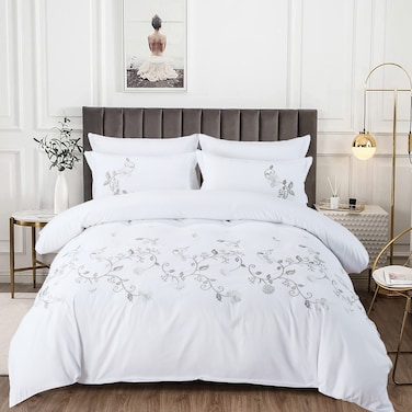 MMM HOME 6-Pieces Embroidered King Size Duvet Cover Set ,1 Duvet Cover + 1 Fitted Sheet + 4 Pillow Covers,Elegant Design