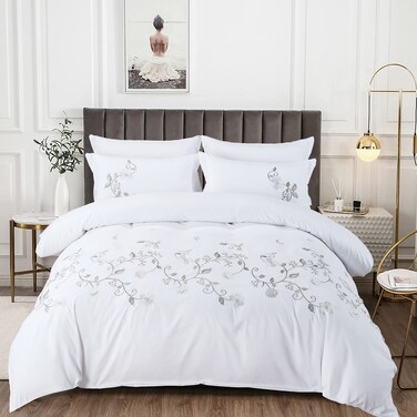 MMM HOME 6-Pieces Embroidered Super King Size Duvet Cover Set ,1 Duvet Cover + 1 Fitted Sheet + 4 Pillow Covers,Elegant Design