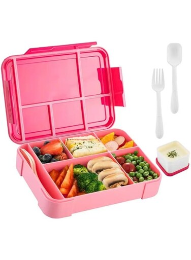 Tazweeq Bento Box for Adult Kids, Stylish Teens Adult Lunch Box, Leak-Proof Lunch Box Container with 5 Compartment and Utensils Pink 23x17x4.8 cm 1300ML Plastic