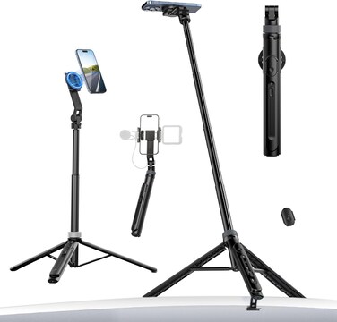ULANZI TT88 Magnetic Tripod for iPhone 57 Extendable Selfie Stick with Remote 2-in-1 Phone Clip &amp; Dual Cold Shoe Mounts-Lightweight Phone Tripod Stand for Vlogging Travel Video Recording (Black)