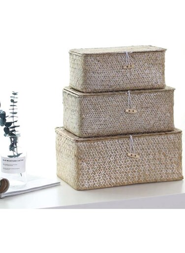 YSGLIFE Rectangular Storage Basket with Lid, Handmade Woven Seagrass Natural Box for Clothes, Books and Shelves, Multifunctional Makeup Organiser, Set of 3 (K/M/G)