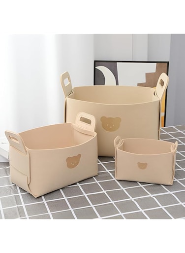 Foldable Felt Storage Basket with Handles-Set of 3 -Sturdy Home&amp;Office Organizer S,M,L for Books ,Toys , Snacks and Clothes - Engage Kids in Organizing with Ease (Beige 1 bear)